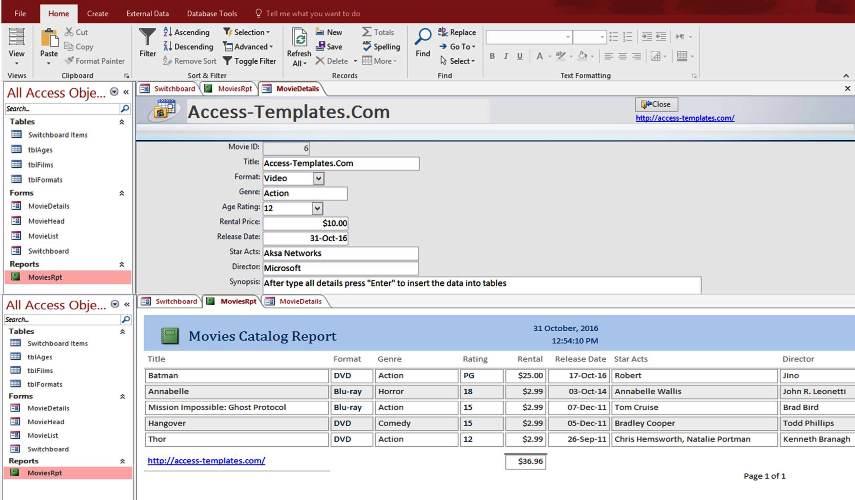 Access Video and Movie Rentals System Management Database Templates