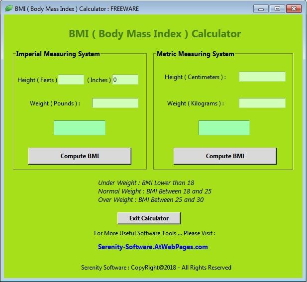BMI ( Body Mass Index ) Calculator Freeware