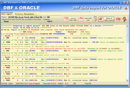 DBF data import for ORACLE