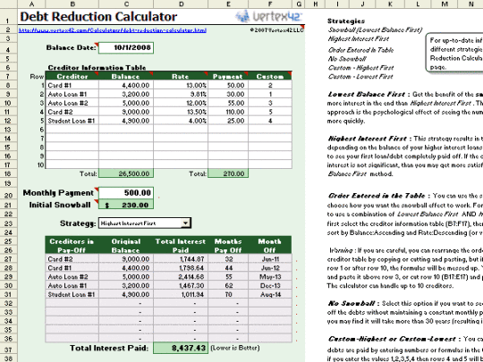 Debt Reduction Calculator for Excel