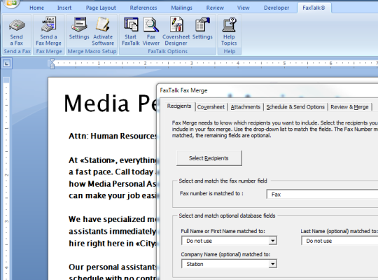 FaxTalk Fax Merge for Microsoft Word 2010 and 2007
