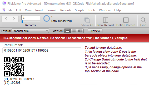 GS1 QR Code FileMaker Native Barcode
