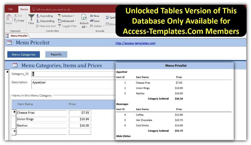Price List Menu Templates for Microsoft Access