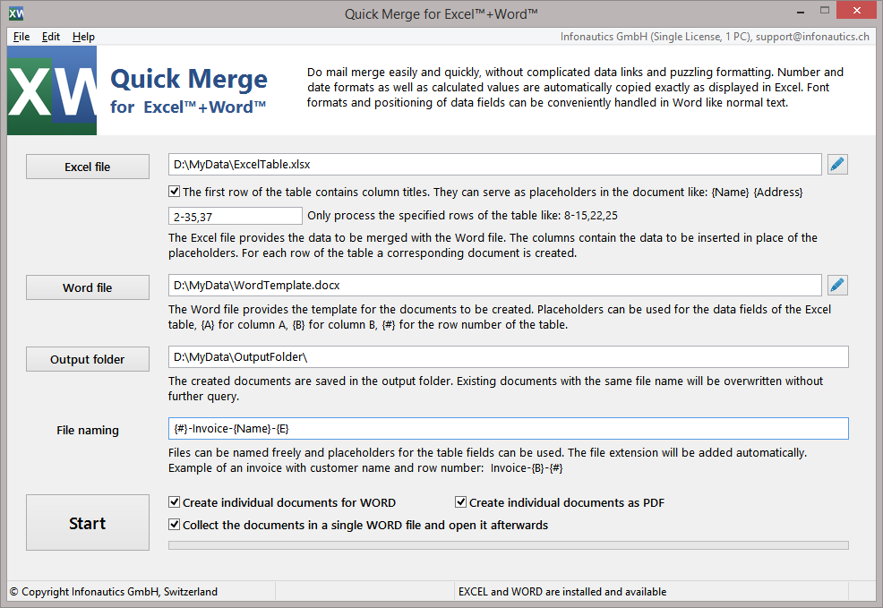 Quick Merge for Excel + Word