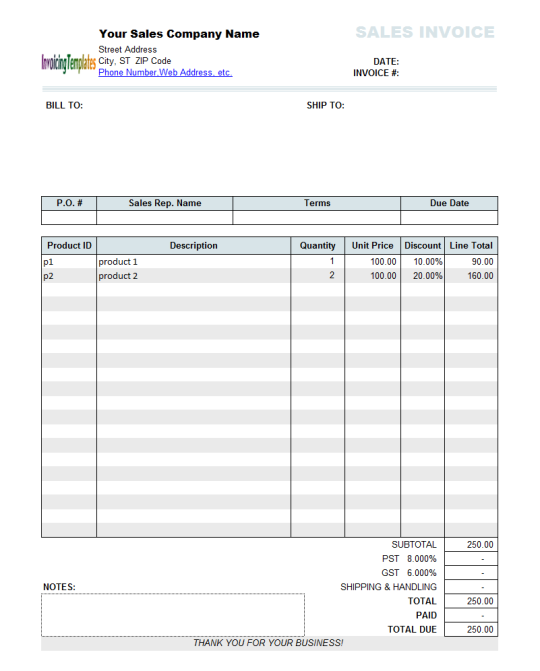 Sales Invoice Template with Discount Percentage