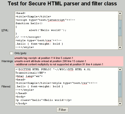 Secure HTML parser and filter