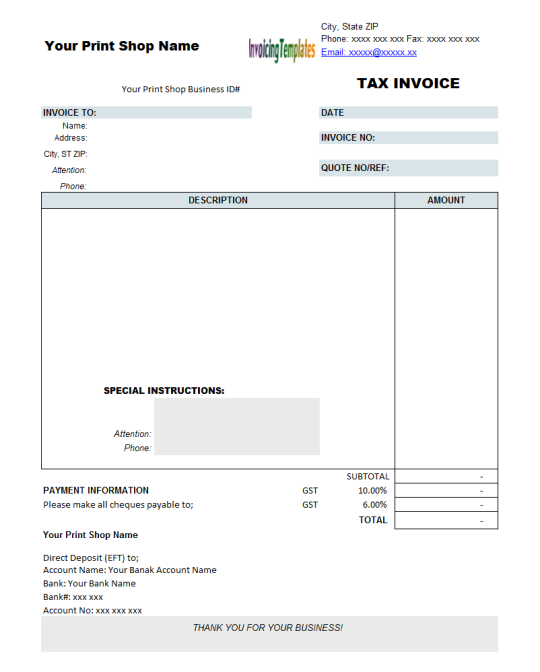 Tax Invoice Template for Printing Shop