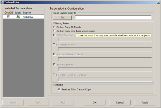 Turbo Add-In for Outlook Always BCC