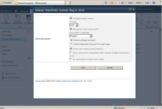 Websio SharePoint Scanner Plug-in 2010