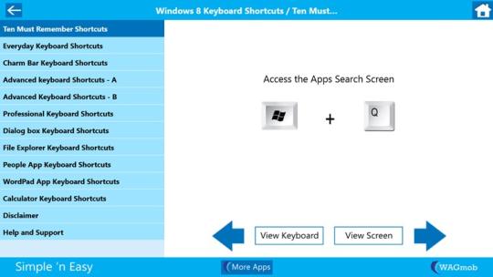 Windows 8 Keyboard Shortcuts by WAGmob for Windows 8