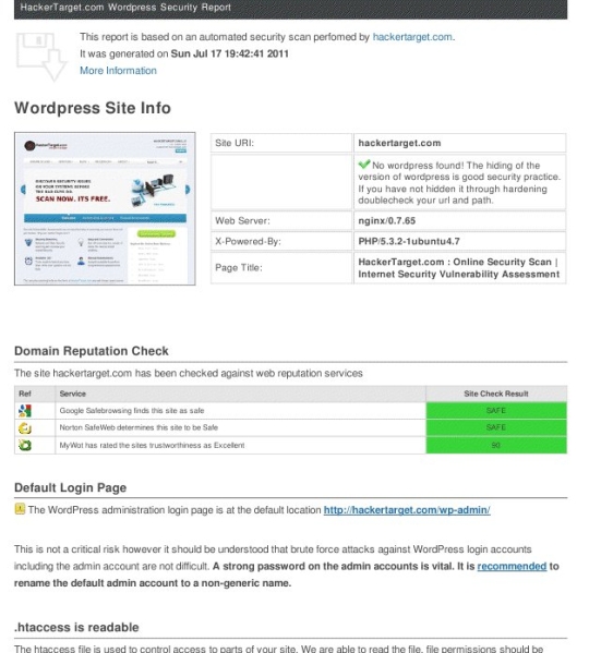 WordPress Security Scan from HackerTarget.com
